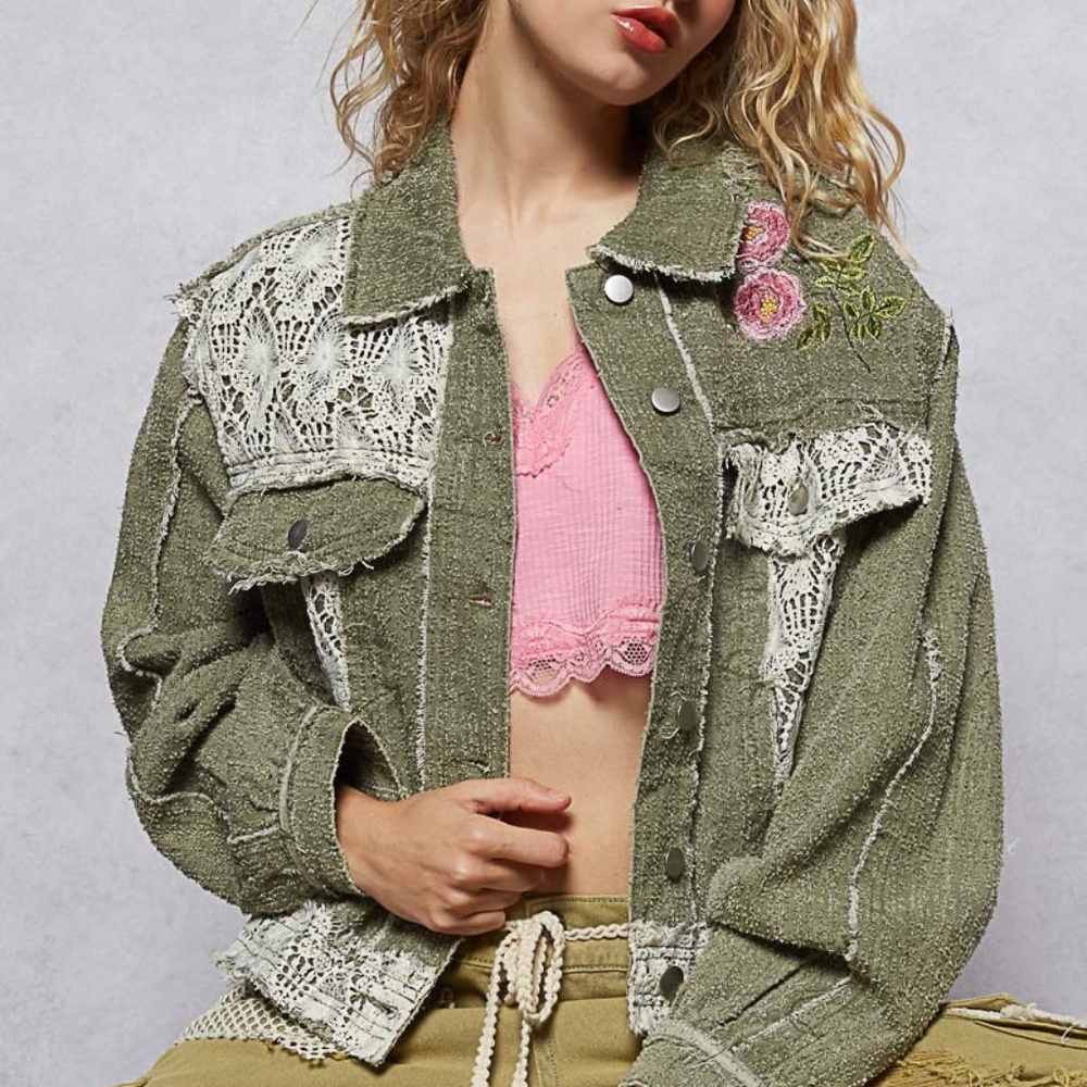 New POL Clothing Twill Jacket Shacket Embroidered Peace Floral Lace Button Down